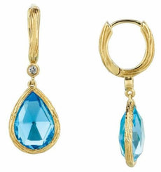 8.53CT DIAMOND & AAA BLUE TOPAZ 14KT YELLOW GOLD 3D TEAR DROP HANGING EARRINGS