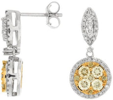 ESTATE 1.20CT WHITE & FANCY YELLOW DIAMOND 14KT WHITE GOLD 3D CLUSTER EARRINGS