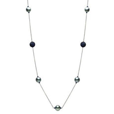 4CT SAPPHIRE KYANITE & TAHITIAN PEARL 14KT BLACK GOLD BY THE YARD PAVE NECKLACE