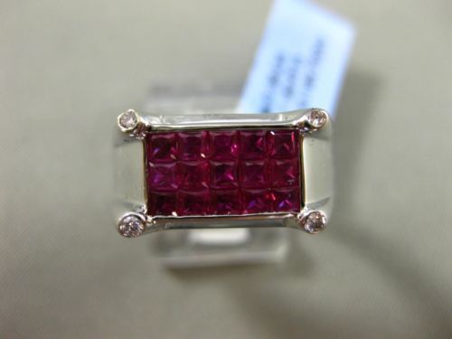ESTATE WIDE 1.88CT DIAMOND & AAA RUBY 18KT WHITE GOLD ETOILE RECTANGLE MENS RING