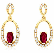 ESTATE .65CT DIAMOND & AAA RUBY 14K YELLOW GOLD 3D OVAL CLASSIC HANGING EARRINGS