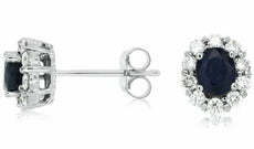 ESTATE 1.35CT DIAMOND & AAA SAPPHIRE 14K WHITE GOLD 3D OVAL FLOWER STUD EARRINGS