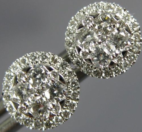ESTATE .53CT DIAMOND 18KT WHITE GOLD 3D 7MM CLUSTER ROUND HALO STUD EARRINGS