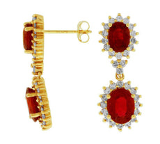 ESTATE 5.70CT DIAMOND & AAA RUBY 14KT YELLOW GOLD 3D OVAL HALO HANGING EARRINGS