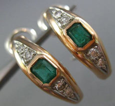 ANTIQUE WIDE 1.05CT DIAMOND & AAA EMERALD 14K WHITE & ROSE GOLD HANGING EARRINGS