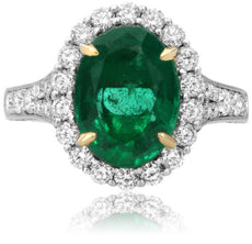 ESTATE LARGE 4.62CT DIAMOND & AAA EMERALD 18KT 2 TONE GOLD HALO ENGAGEMENT RING