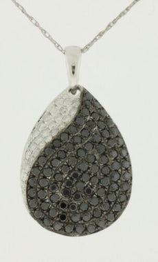 .97CT WHITE & BLACK DIAMOND 14K WHITE GOLD 3D PAVE TEAR DROP CLASSIC FUN PENDANT