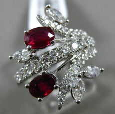 ESTATE 1.84CT ROUND & MARQUISE DIAMOND & RUBY 18K WHITE GOLD 3D LEAF FLOWER RING