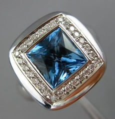 ESTATE LARGE 3.60CT DIAMOND & AAA BLUE TOPAZ 18K WHITE GOLD 3D HALO ITALIAN RING