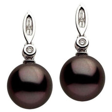 ESTATE .16CT DIAMOND & AAA TAHITIAN PEARL 14K WHITE GOLD BEZEL HANGING EARRINGS