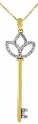.14CT DIAMOND 14KT YELLOW GOLD 3D 3 LEAF CLOVER KEY TO YOUR HEART LOVE PENDANT