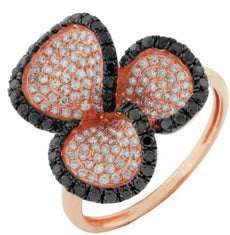 .92CT WHITE & BLACK DIAMOND 14KT ROSE GOLD 3D THREE LEAF CLOVER FLOWER FUN RING