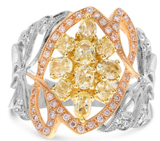 1.51CT WHITE, FANCY YELLOW, & PINK DIAMOND 18KT TRI COLOR GOLD ANNIVERSARY RING
