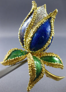 ANTIQUE LARGE .60CT DIAMOND AAA ENAMEL 18K TWO TONE GOLD FLOWER PIN BROOCH #1902