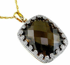 17.65CT DIAMOND & AAA SMOKY TOPAZ 14KT YELLOW GOLD 3D CUSHION HALO FUN PENDANT