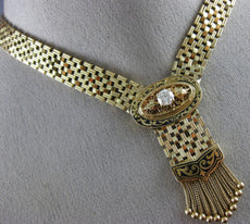 ANTIQUE .52CT DIAMOND AAA ENAMEL 14K YELLOW GOLD FILIGREE TASSEL NECKLACE #2582