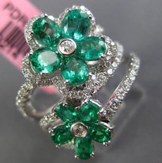 LARGE 2.42CT DIAMOND & COLOMBIAN EMERALD 18K WHITE GOLD 3D FLOWER MULTI ROW RING