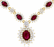 ESTATE LARGE 5.25CT DIAMOND & AAA RUBY 14KT YELLOW GOLD 3D FLOWER HALO NECKLACE