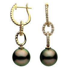 ESTATE .81CT DIAMOND & TAHITIAN PEARL 18K YELLOW GOLD 3D HUGGIE HANGING EARRINGS