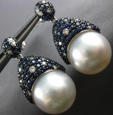 LARGE 3.45CT DIAMOND AAA SAPPHIRE & AAA SOUTH SEA PEARL 18K WHITE GOLD EARRINGS