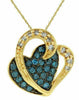 ESTATE .35CT WHITE & BLUE DIAMOND 14KT YELLOW GOLD 3D DOUBLE HEART LOVE PENDANT