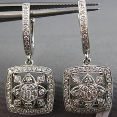 ESTATE LARGE .79CT DIAMOND 14KT WHITE GOLD SQUARE FLOWER HUGGIE HANGING EARRINGS