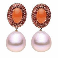 LARGE 12.0CT AAA ORANGE MOON & SAPPHIRE & SOUTH SEA PEARL 18K ROSE GOLD EARRINGS