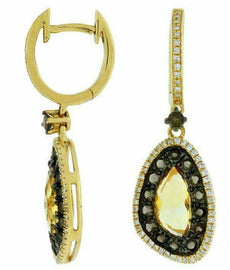 3.08CT DIAMOND AAA CITRINE & SMOKY TOPAZ 14KT YELLOW GOLD HALO HANGING EARRINGS