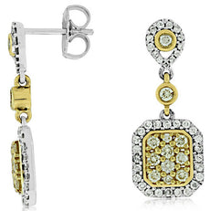 1.06CT WHITE & FANCY YELLOW DIAMOND 14KT WHITE GOLD 3D OCTAGON HANGING EARRINGS