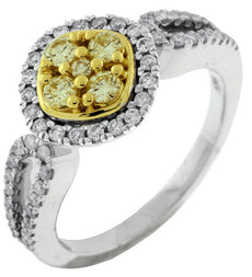 .62CT WHITE & FANCY YELLOW DIAMOND 14KT WHITE GOLD CLUSTER SQUARE HALO FUN RING