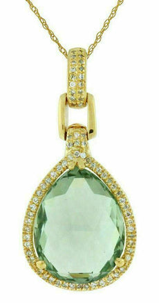 5.62CT DIAMOND & AAA GREEN AMETHYST 14K YELLOW GOLD TEAR DROP PEAR SHAPE PENDANT