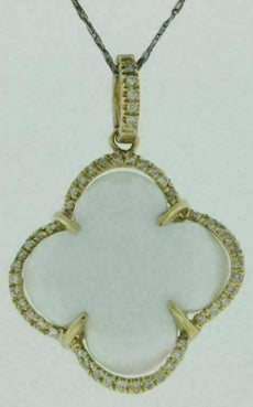 .15CT DIAMOND & AAA WHITE AGATE 14K YELLOW GOLD 3D FOUR LEAF CLOVER LOVE PENDANT