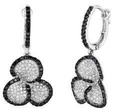 1.52CT WHITE & BLACK DIAMOND 14KT WHITE GOLD 3D 3 LEAF CLOVER HANGING EARRINGS