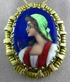 ANTIQUE 14KT YELLOW GOLD 3D HANDCRAFTED MULTI COLOR ENAMEL LADY PIN PENDANT