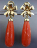 ESTATE LARGE AAA CORAL 14K YELLOW GOLD 3D FLOWER CLIP ON HANGING EARRINGS #25850