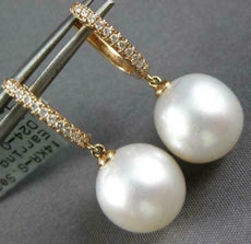 ESTATE .11CT DIAMOND & AAA SOUTH SEA PEARL 14K ROSE GOLD HUGGIE HANGING EARRINGS