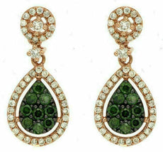 .68CT WHITE & GREEN DIAMOND 14K ROSE GOLD 3D PEAR SHAPE CLUSTER HANGING EARRINGS