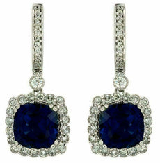 6.48CT DIAMOND & AAA SAPPHIRE 14KT WHITE GOLD 3D CUSHION HALO HANGING EARRINGS