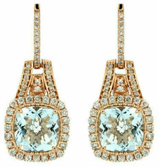 4.20CT DIAMOND & AAA AQUAMARINE 14KT ROSE GOLD 3D CUSHION HALO HANGING EARRINGS