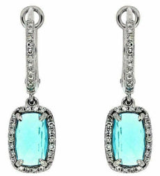 2.76 CT DIAMOND & AAA BLUE TOPAZ 14KT WHITE GOLD CUSHION HALO HANGING EARRINGS
