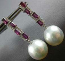 LARGE 1.80CT DIAMOND & AAA SOUTH SEA PEARL & RHODOILITE 18KT WHITE GOLD EARRINGS