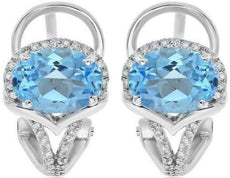 3.0CT DIAMOND & AAA BLUE TOPAZ 14KT WHITE GOLD 3D OVAL CLIP ON HANGING EARRINGS
