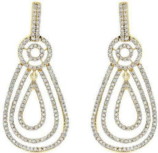 ESTATE 1.02CT DIAMOND 14KT YELLOW GOLD MULTI ROW TEAR DROP FUN HANGING EARRINGS