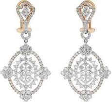 LARGE 4.56CT DIAMOND 18KT WHITE & ROSE GOLD 3D FLOWER CLIP ON HANGING EARRINGS