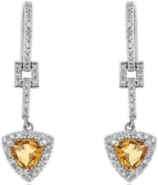 .99CT DIAMOND & AAA CITRINE 14KT WHITE GOLD 3D TRILLION & ROUND HANGING EARRINGS