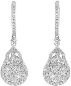 ESTATE 1.95CT DIAMOND 18KT WHITE GOLD 3D FLOWER LEAF CLUSTER HANGING EARRINGS