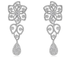 LARGE 6.58CT DIAMOND 14KT WHITE GOLD CLUSTER FLOWER TEAR DROP HANGING EARRINGS