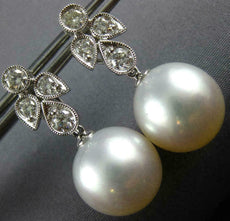 LARGE .85CT DIAMOND & AAA SOUTH SEA PEARL 18KT WHITE GOLD LEAF HANGING EARRINGS