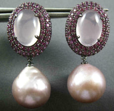 LARGE 12CT PINK QUARTZ SAPPHIRE & PINK SOUTH SEA PEARL 18KT BLACK GOLD EARRINGS