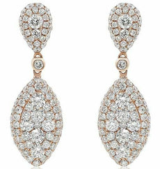 LARGE 3.16CT DIAMOND 14KT ROSE GOLD CLUSTER MARQUISE SHAPE LEAF HANGING EARRINGS